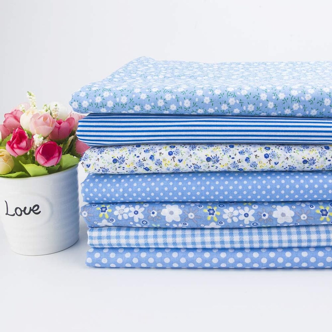 7Pcs Cotton Fabric Bundle – 20" x 20" Quilting Patchwork Squares, 100% Cotton DIY Sewing Fabric Fat Quarters for Cushions, Crafts & Home Décor (Blue)